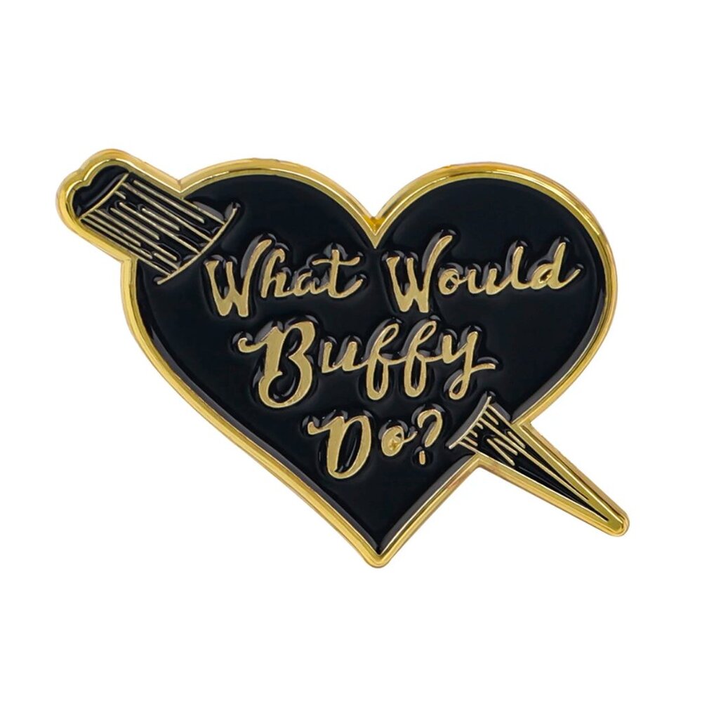 WHAT WOULD BUFFY DO STAKE THROUGH THE HEART OIL DRIPPED ENAMEL PIN BROOCH NWT